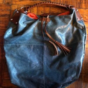 TANO Distressed Blue Leather Slouchy Hobo Bag.